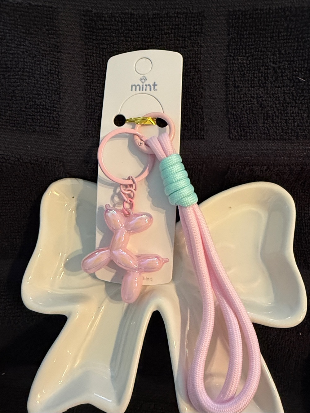 Mint Pink Balloon Dog Keyring with Mint Cord Accent